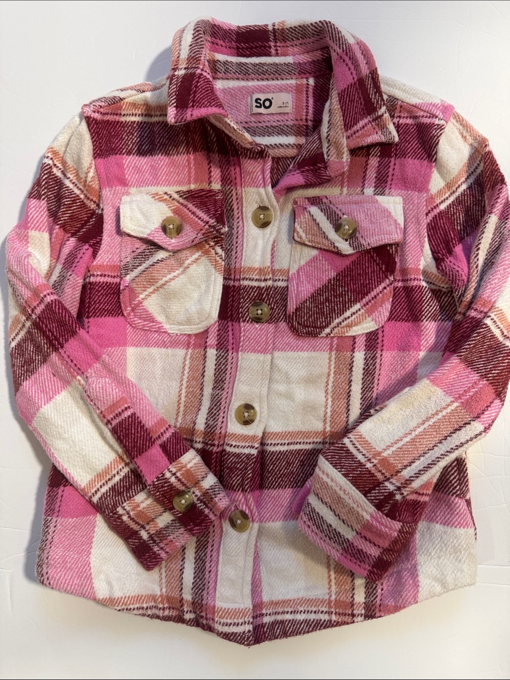 SO Pink Plaid Button-Front Kids Jacket